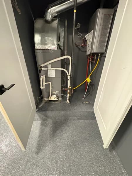 Basalt flake epoxy floor in a garage utility room in Surrey, BC