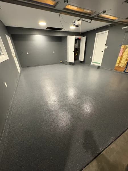 Wide view of a Basalt flake epoxy garage floor in Surrey, BC