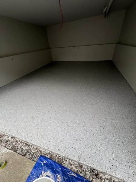 Cabin Fever flake epoxy floor in a small storage room in North Vancouver, BC