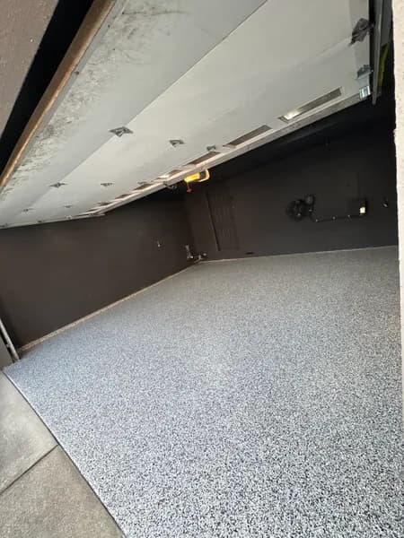 Wide view of a Domino flake epoxy garage floor in Squamish, BC