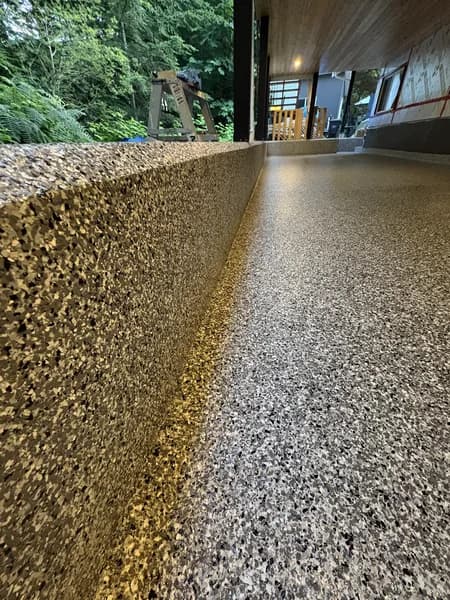 Showroom-quality flake epoxy patio install in Squamish