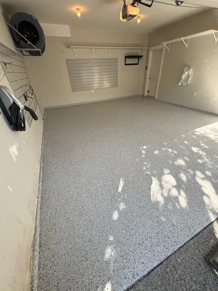 Sunlit Gracious flake epoxy garage floor in Langley, BC