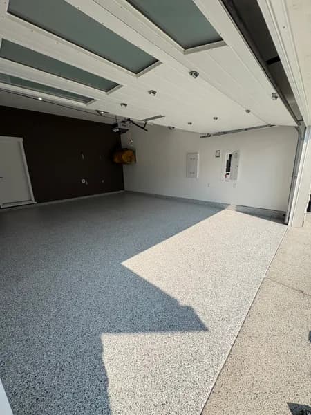 Sunlit Gravel flake epoxy garage floor with skylights in Surrey, BC