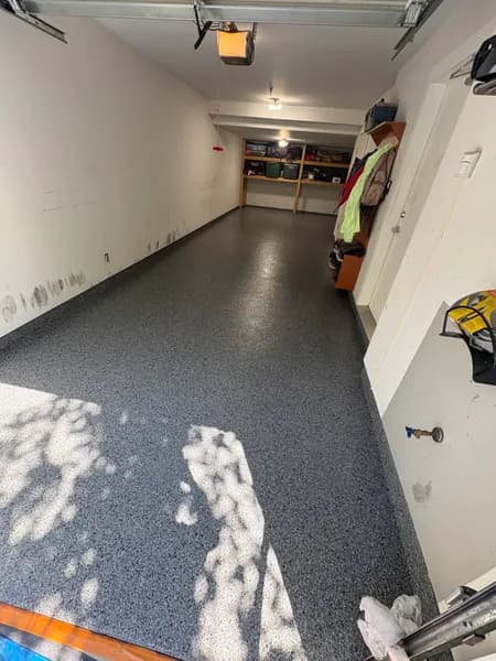 Long Nightfall flake epoxy corridor floor in Port Coquitlam, BC