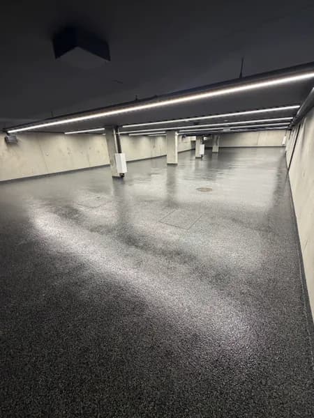 High-gloss Nightfall flake epoxy coating in a Vancouver underground parking garage