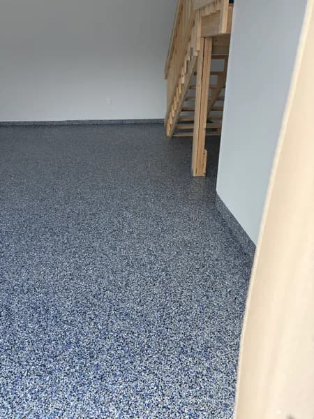 Blue-grey Orbit flake epoxy garage floor in Maple Ridge, BC