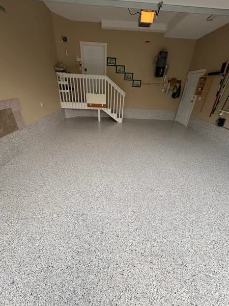 Finished Quicksilver flake epoxy garage floor and entry stairs in Chilliwack, BC