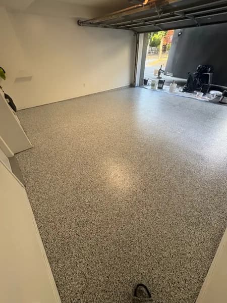 Quicksilver flake epoxy garage floor looking out to the driveway in Richmond, BC