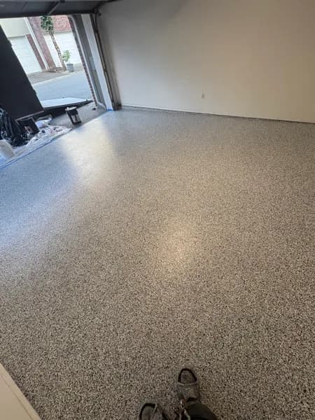 Glossy Quicksilver flake epoxy garage floor in Richmond, BC