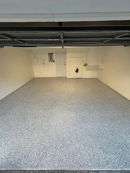 Wide view of a Quicksilver flake epoxy garage floor in Richmond, BC