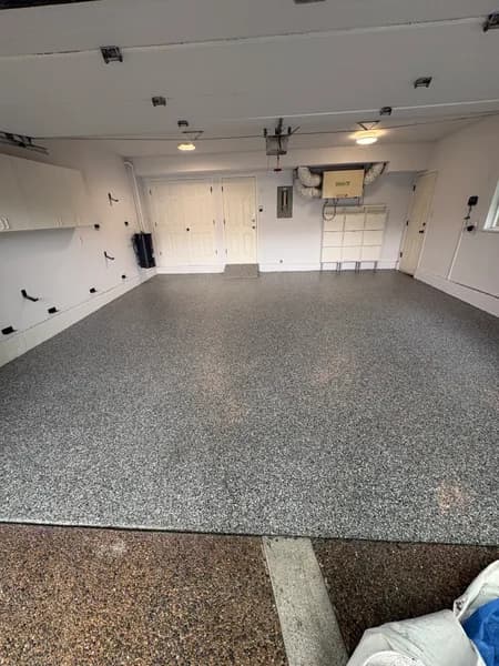 Wide view of a Wombat flake epoxy garage floor in Richmond, BC