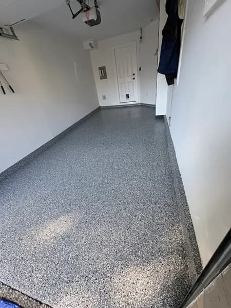 Wombat flake epoxy one-car garage floor in Vancouver, BC