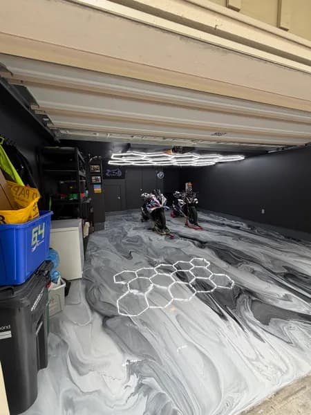 Grey and white marble-effect metallic epoxy garage floor in Richmond, BC