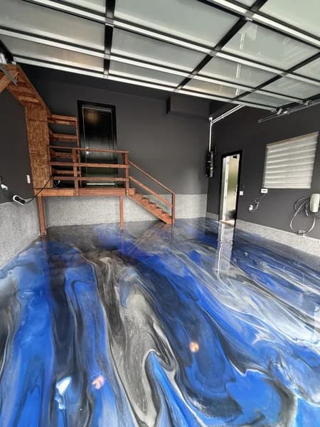 Custom blue-white-grey metallic epoxy garage floor in South Surrey