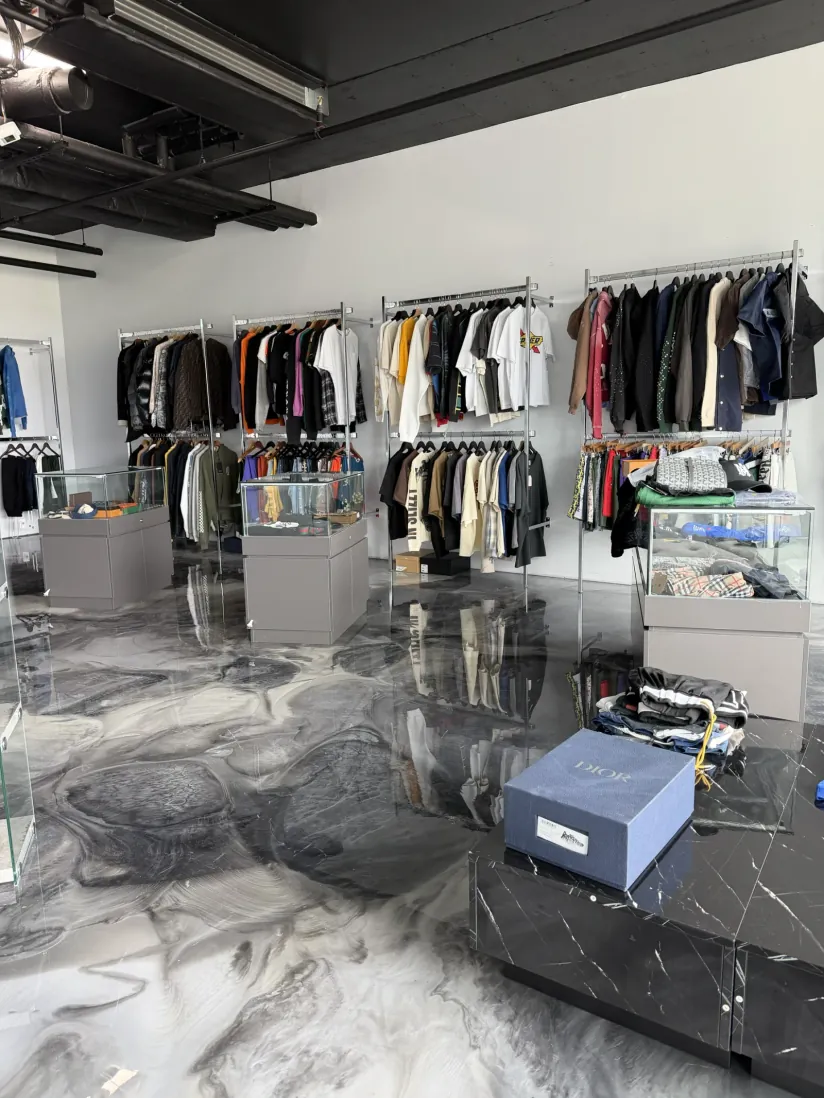 Blue, white and grey metallic epoxy garage floor in South Surrey